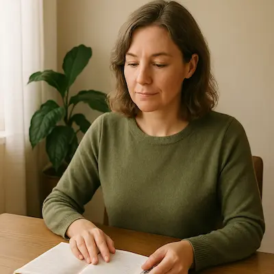 Une femme calme assise à une table, concentrée sur un carnet ouvert, symbolisant le bilan de transformation et la mise en place d’un plan d’action en coaching post burn-out.