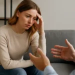 Femme en pleine séance de coaching, visiblement affectée, échangeant avec un coach pour faire le point sur son état émotionnel et physique