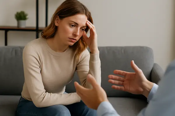 Femme en pleine séance de coaching, visiblement affectée, échangeant avec un coach pour faire le point sur son état émotionnel et physique