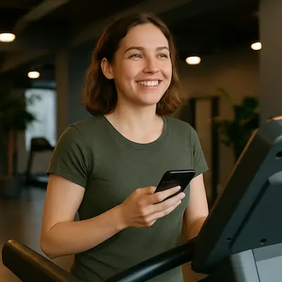 Jeune femme en séance de coaching bien-être, courant sur tapis de course avec son téléphone en main pour rester en contact avec son coach