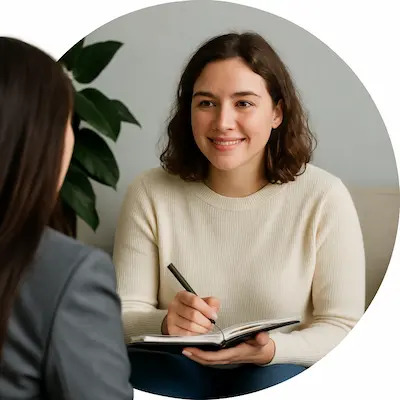 Femme en séance de coaching bien-être, prenant des notes pour reprendre le contrôle sur son poids, son énergie et son équilibre