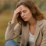 Femme fatiguée assise en estérieur, les yeux fermés et la main sur le front, illustrant le début de la prise de conscience après un burn-out
