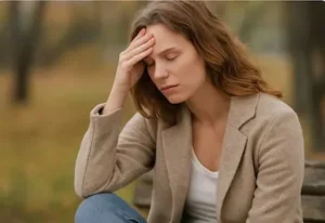 Femme fatiguée assise en estérieur, les yeux fermés et la main sur le front, illustrant le début de la prise de conscience après un burn-out