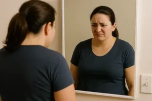 Femme en t-shirt bleu regardant son reflet dans un miroir avec une expression dégoûtée, exprimant un malaise corporel.