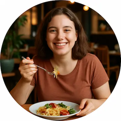 Femme souriante de corpulence moyenne dégustant une salade fraîche, symbole de bien-être et de relation apaisée avec l’alimentation.