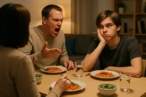 Famille de trois à table, un père en colère s’adresse à son fils adolescent au regard blasé, dans un salon familial tendu.