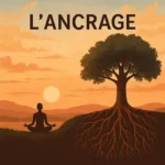 ersonne en méditation face à un coucher de soleil, assise près d’un arbre aux racines profondes, symbolisant la pratique de l’ancrage